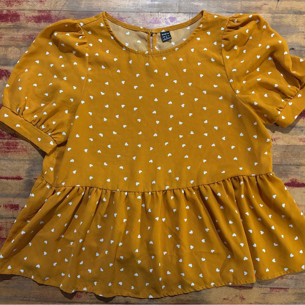 SHEIN Mustard Puff Sleeve Blouse with White Dots